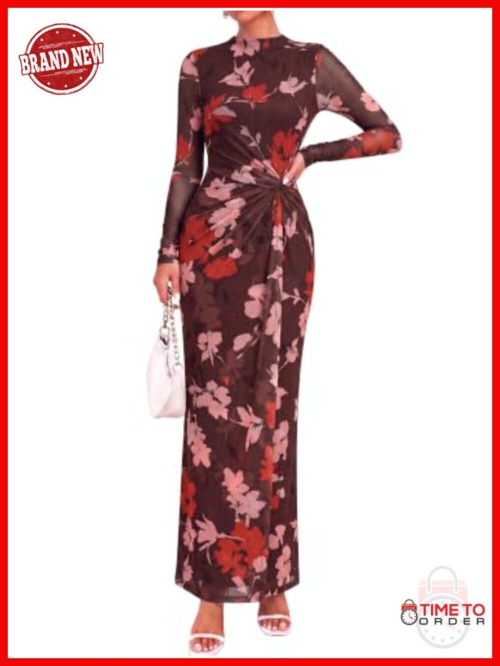 BTFBM Women's Sheer Mesh Maxi Dress Long Sleeve Mock Neck Twist Knot Cocktail